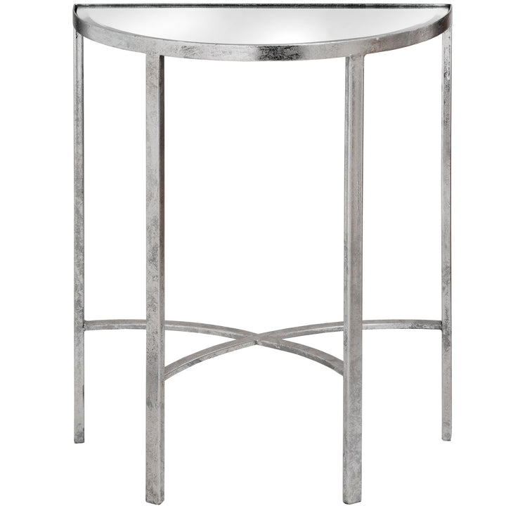 Mirrored Silver Half Moon Table With Cross Detail - Reposing