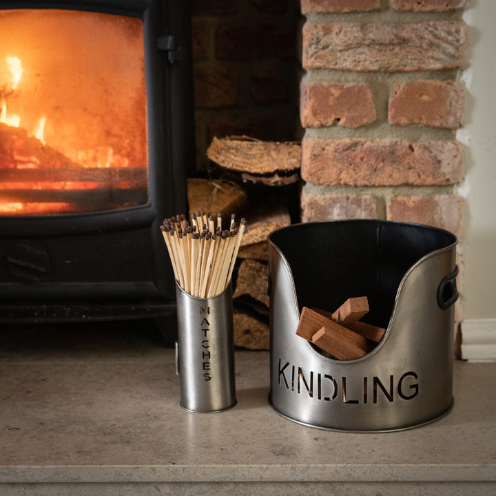 Pewter Finish Logs And Kindling Buckets & Matchstick Holder - Reposing