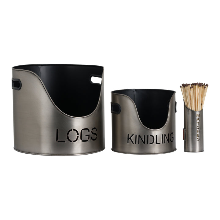 Pewter Finish Logs And Kindling Buckets & Matchstick Holder - Reposing