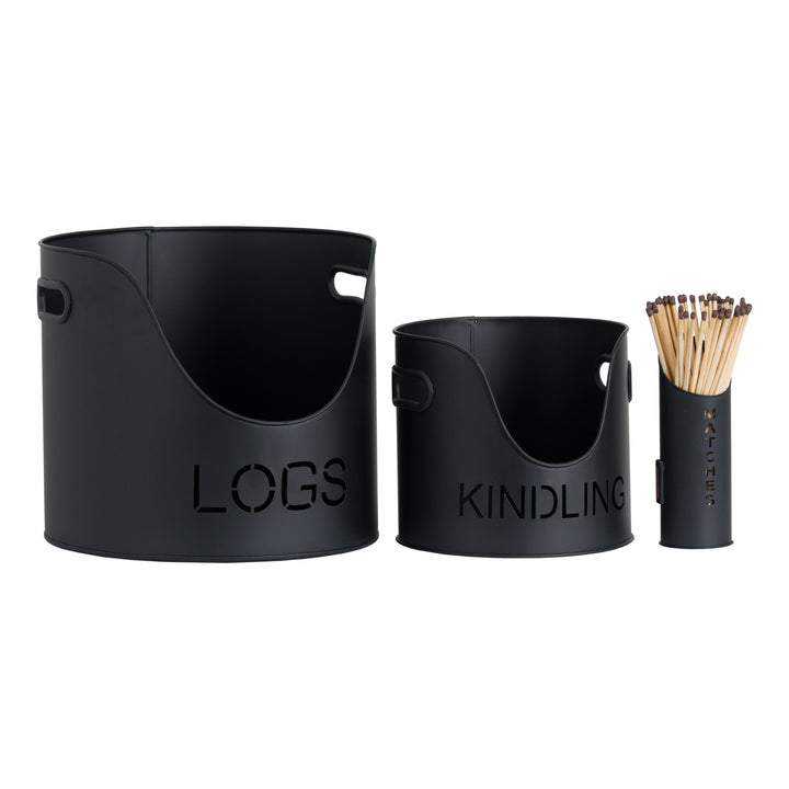 Black Finish Logs And Kindling Buckets & Matchstick Holder - Reposing