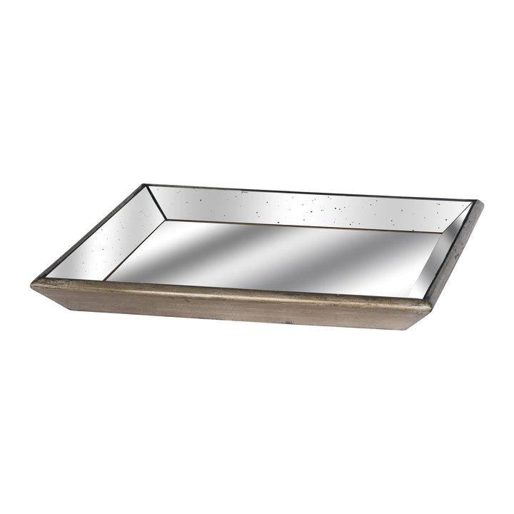 Astor Distressed Mirrored Square Tray W/Wooden Detailing Lge - Reposing