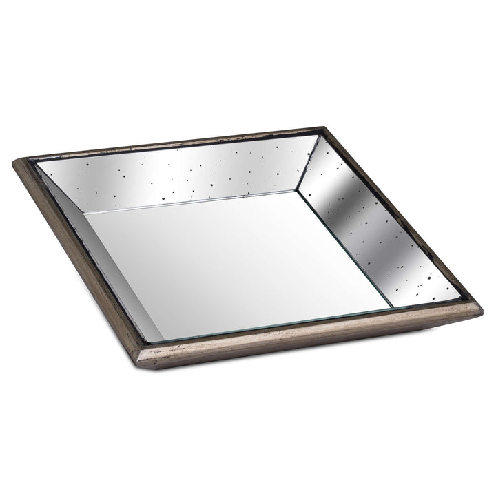 Astor Distressed Mirrored Square Tray W/Wooden Detailing Sml - Reposing