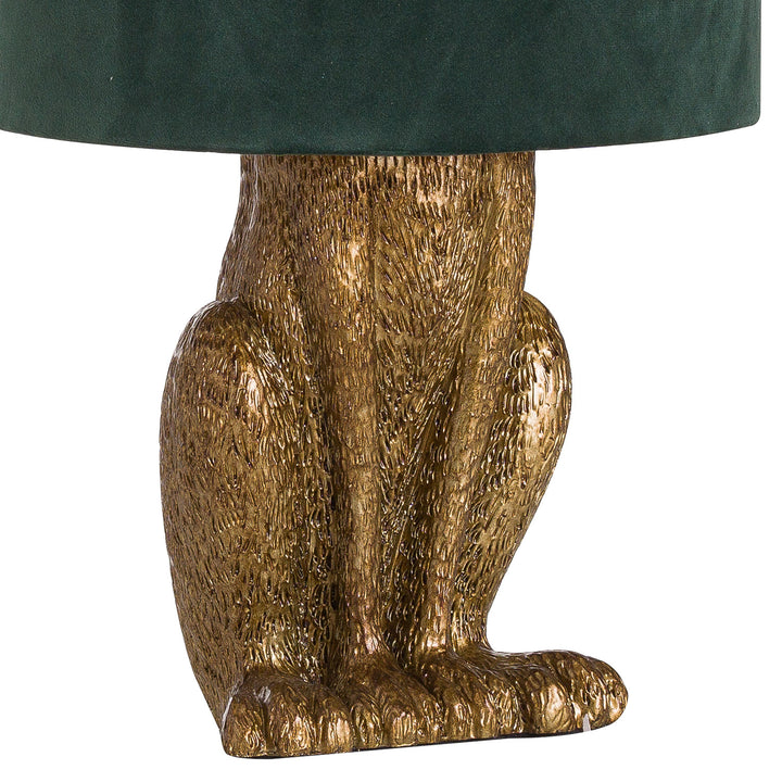 Antique Gold Hare Table Lamp With Green Velvet Shade - Reposing