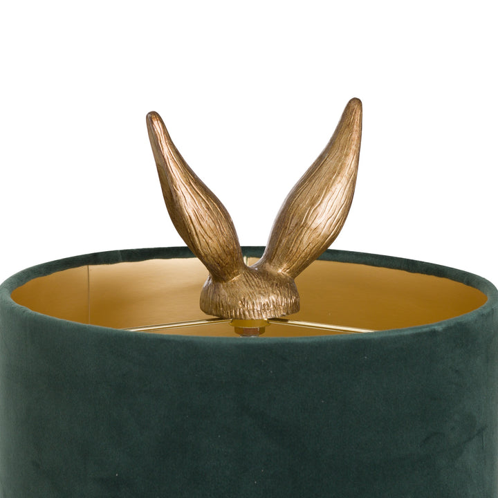 Antique Gold Hare Table Lamp With Green Velvet Shade - Reposing