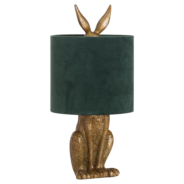 Antique Gold Hare Table Lamp With Green Velvet Shade - Reposing