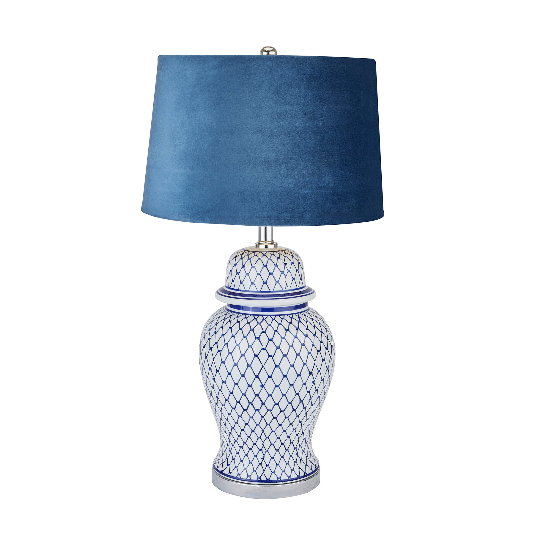Reposing V Malabar Blue And White Ceramic Lamp With Blue Velvet Shade