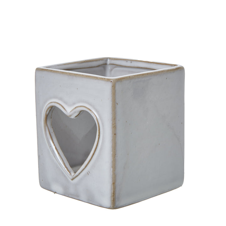 White Ceramic Heart Cut-Out Square Tealight Holder - Reposing