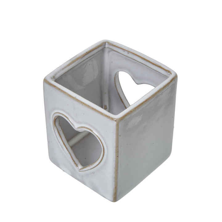 White Ceramic Heart Cut-Out Square Tealight Holder - Reposing